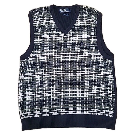 Vtg Polo Ralph Lauren Sweater Vest Mens L Plaid Green Navy Old Money Cotton Knit - Picture 1 of 12